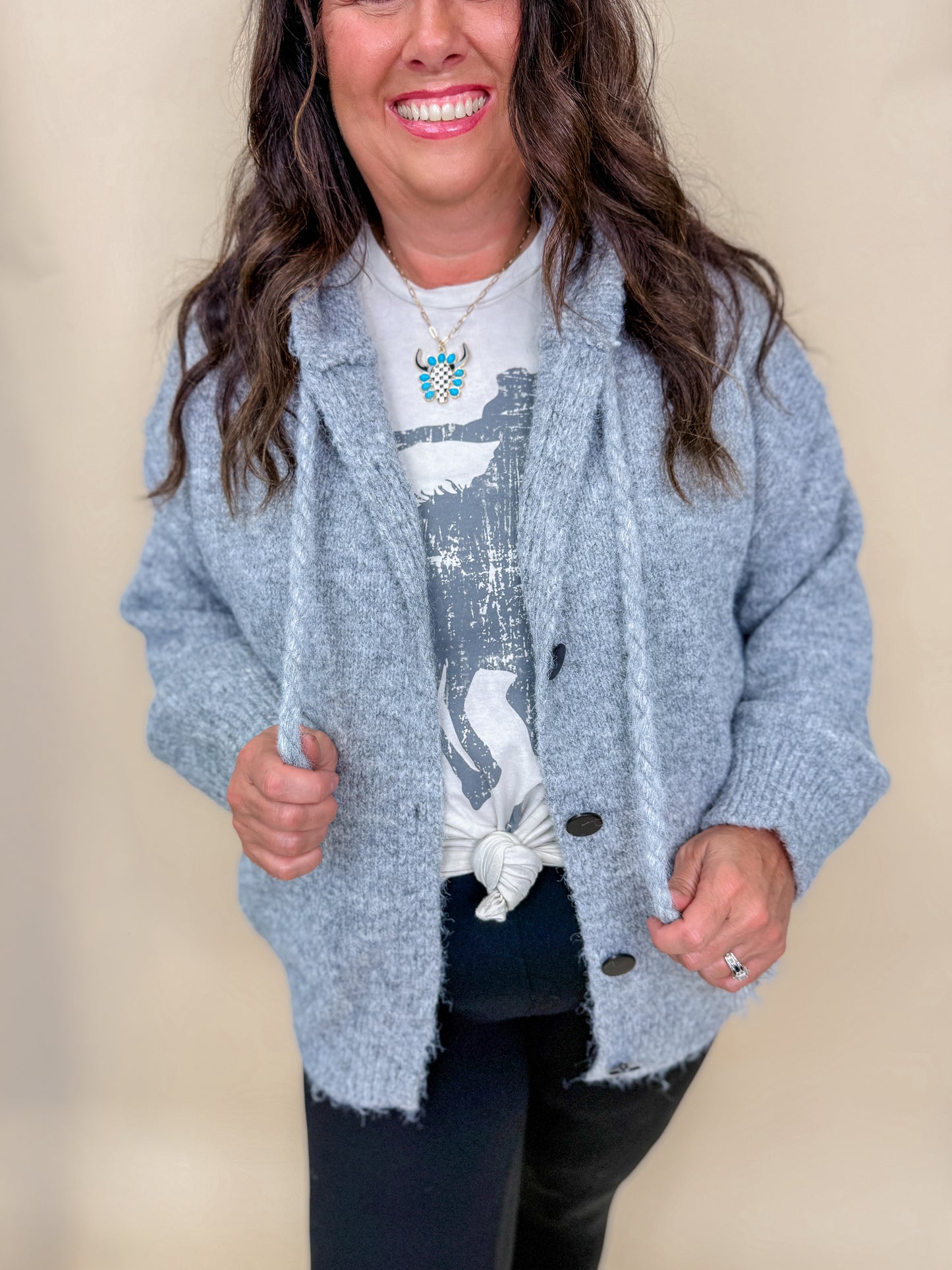 Hooded Button Front Braided Drawstring Knit Cardigan