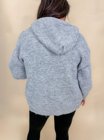 Hooded Button Front Braided Drawstring Knit Cardigan