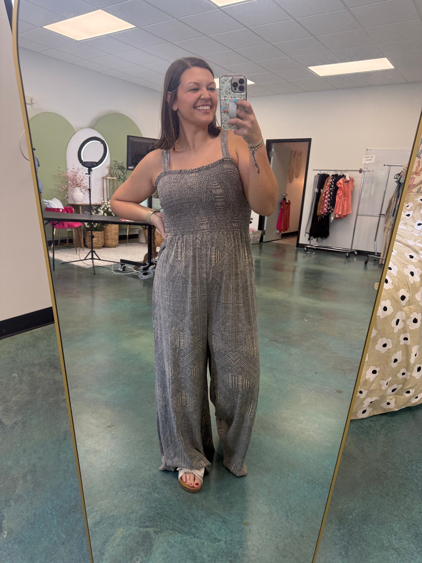 Smocked Bodice Geometric Wide Leg Jumpsuit - EOS Final Sale