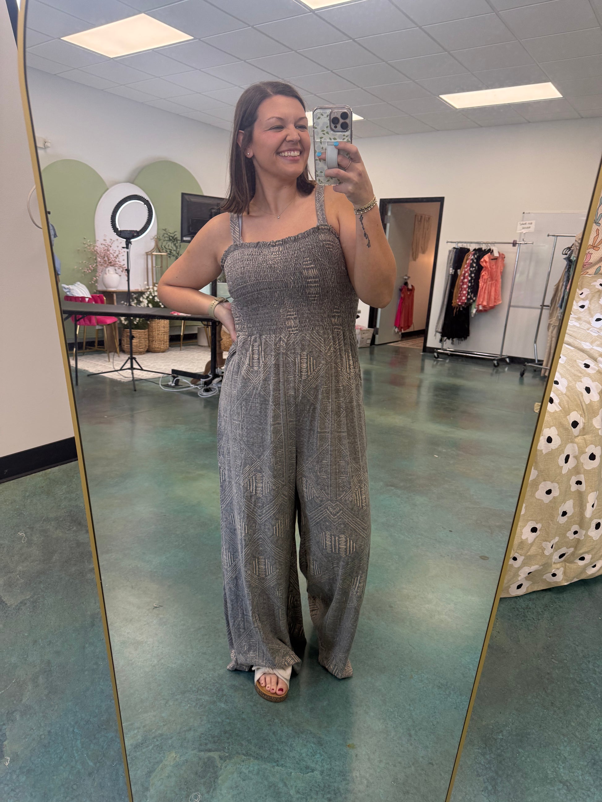 Smocked Bodice Geometric Wide Leg Jumpsuit - EOS Final Sale