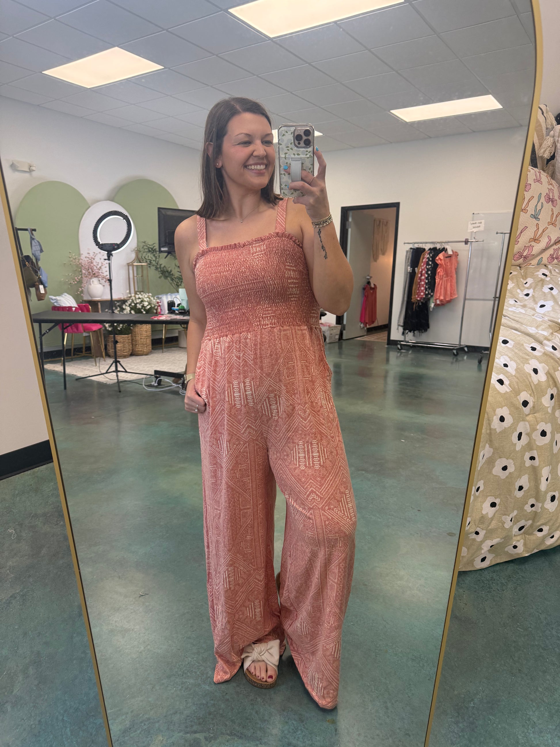 Smocked Bodice Geometric Wide Leg Jumpsuit - EOS Final Sale