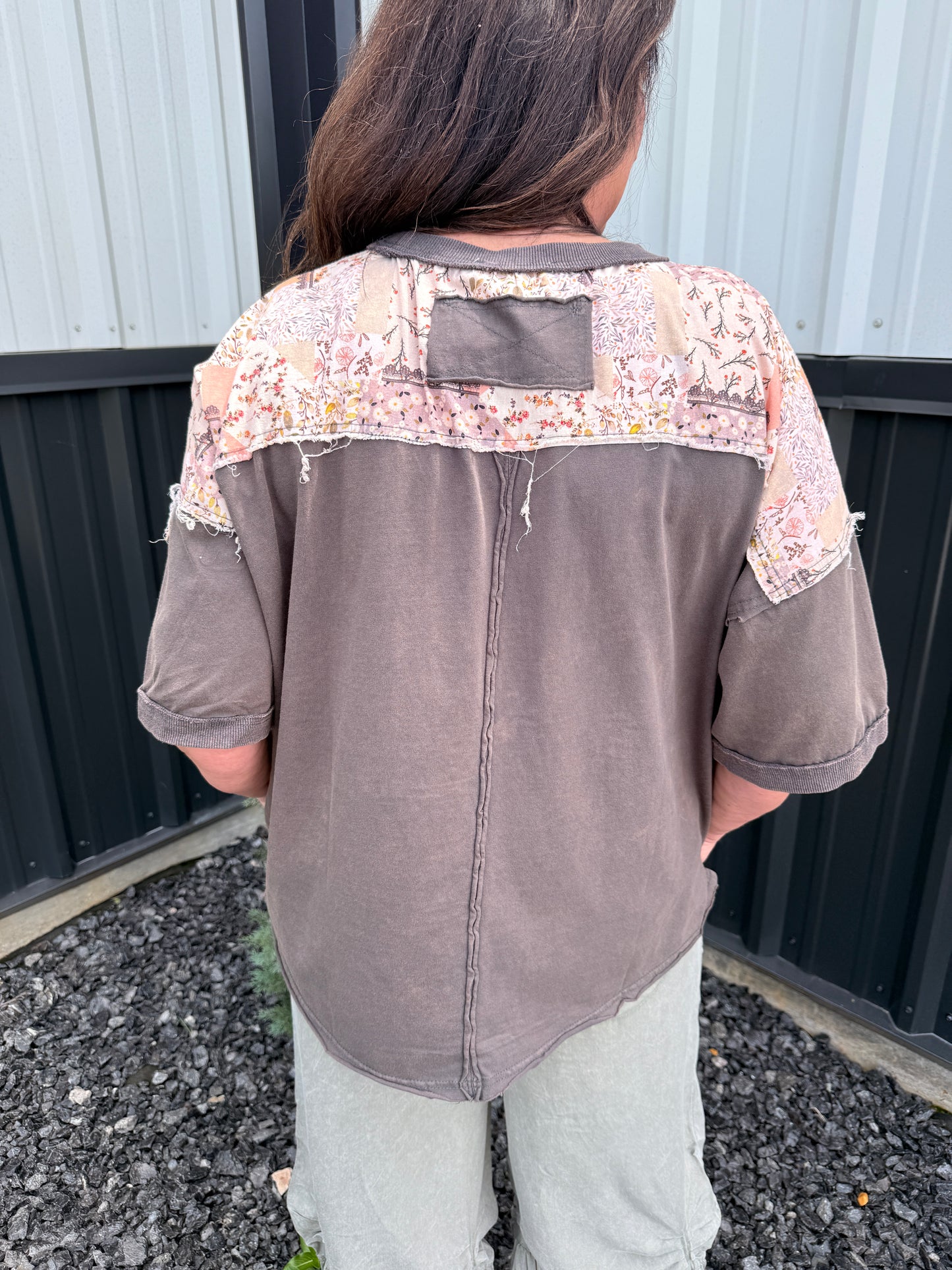 Round Neck Short Sleeve Patchwork Oversized Top