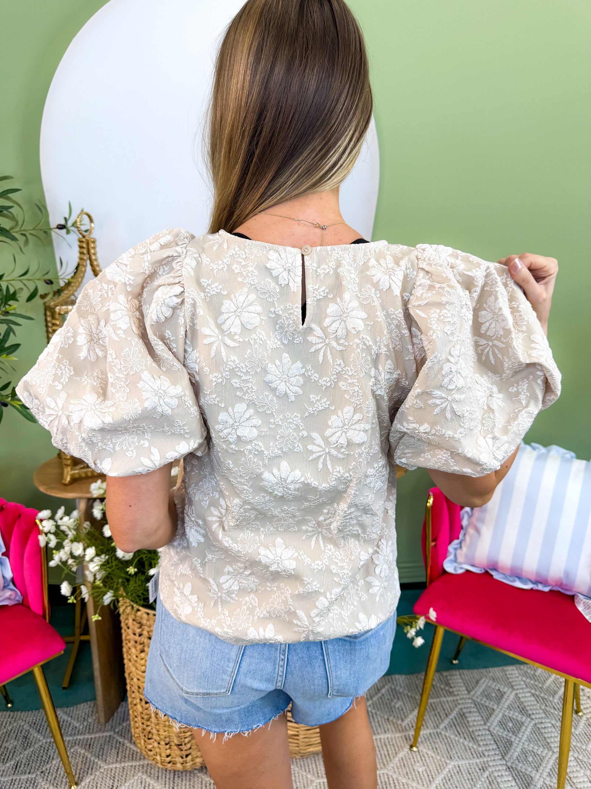 Tonal Jacquard Blouse With Puff Sleeves - EOS Final Sale