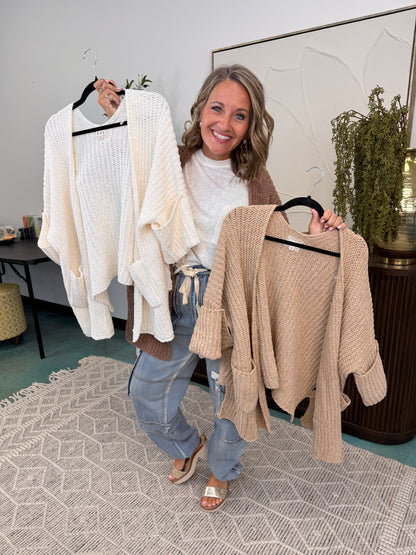 Long Sleeve Pockets Solid Chenille Sweater Cardigan