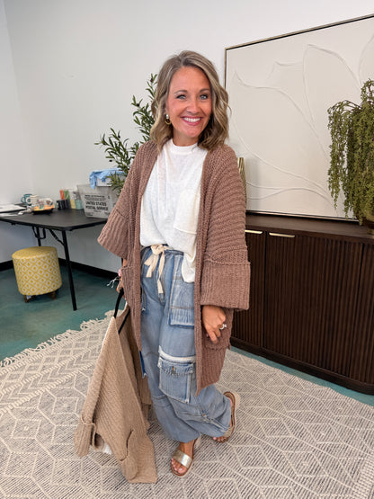 Long Sleeve Pockets Solid Chenille Sweater Cardigan