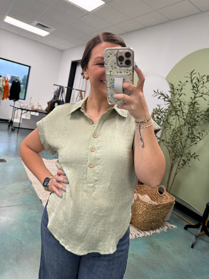 Half-Button Linen Blend Collared Top - Olive - EOS Final Sale