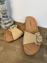 Cork Slide Sandal with Statement Gold Buckle - Taupe