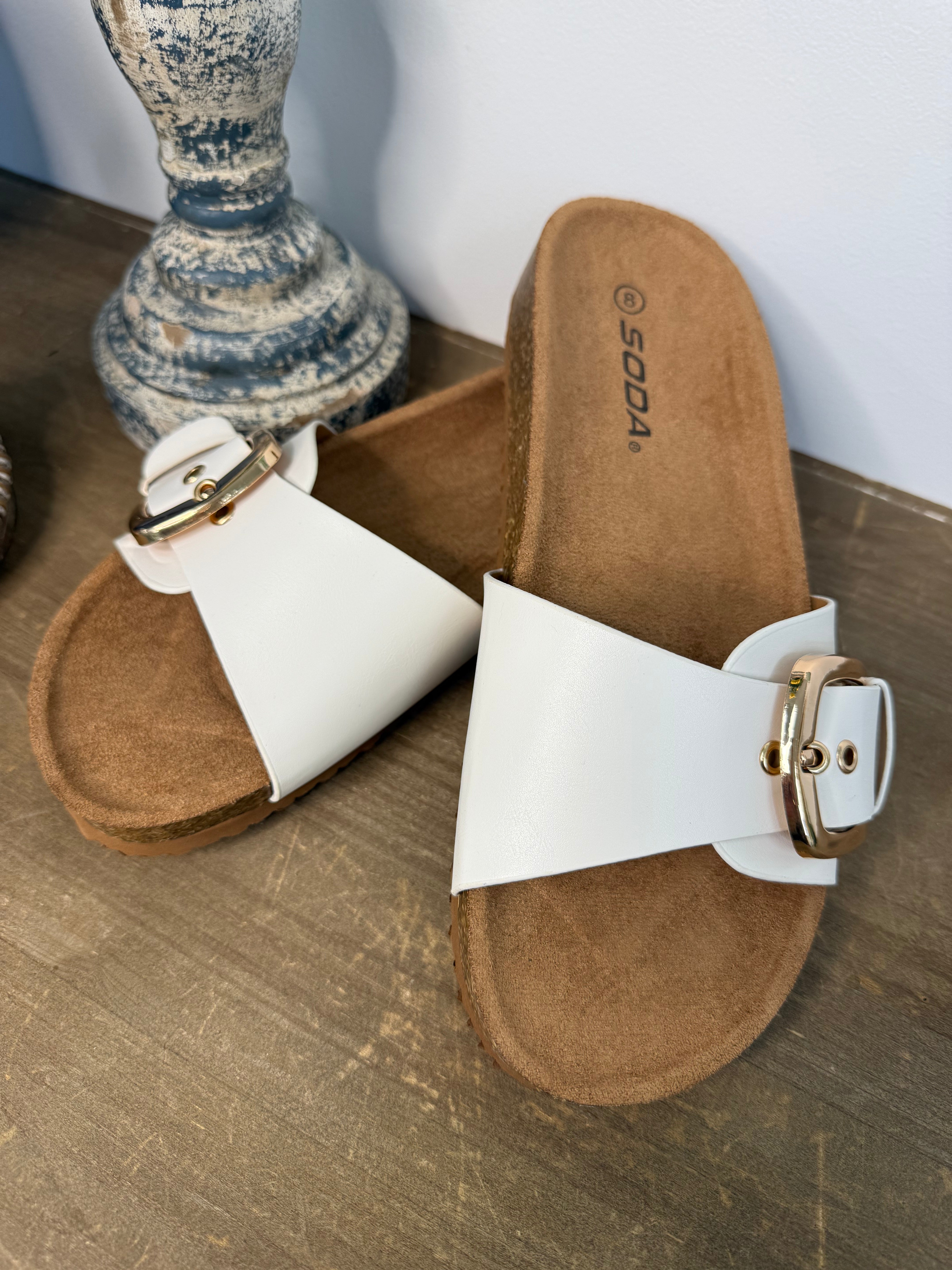 Cork Slide Sandal with Statement Gold Buckle - White
