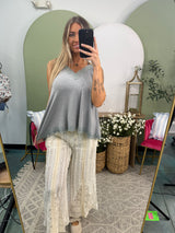 Lace-Trim Ribbed A-Line Sleeveless Top - Grey