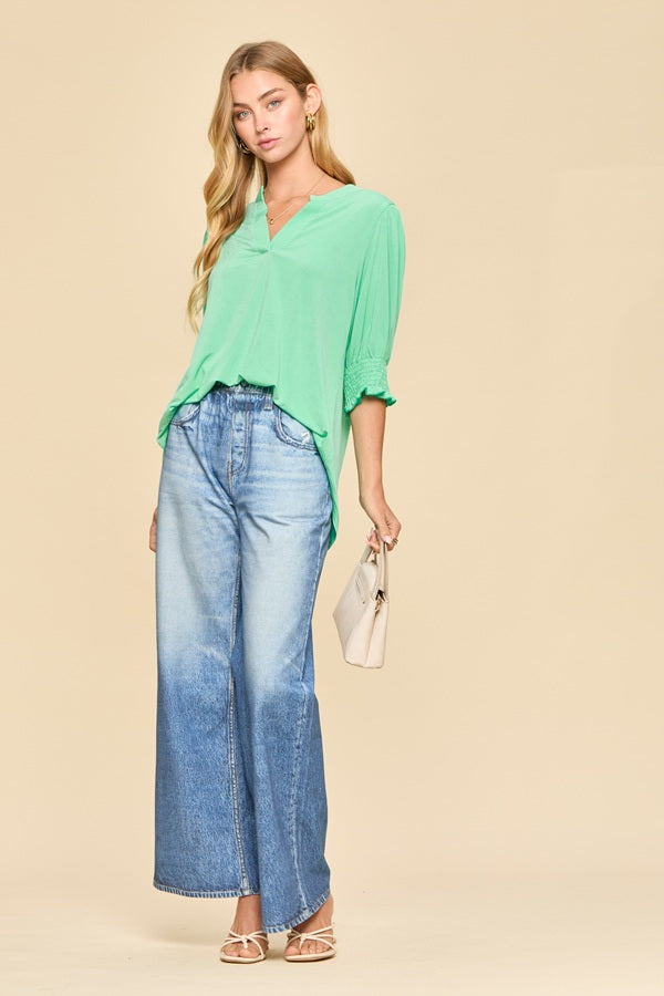 Effortless Smocked Sleeve Blouse - Crushed Mint