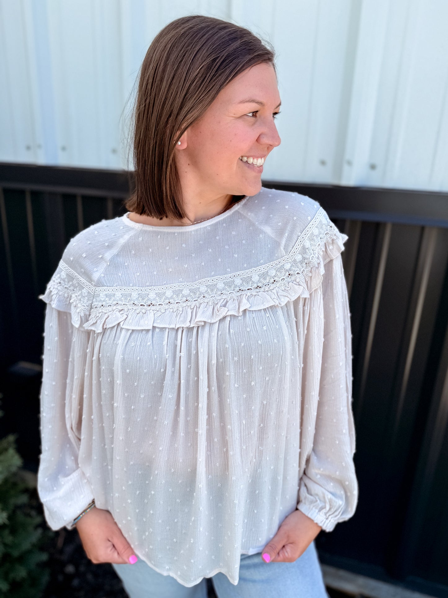 Lace-Up Back Detail Swiss Dot Patterned Blouse