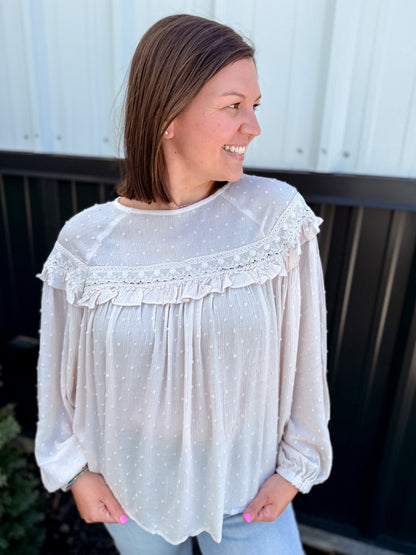 Lace-Up Back Detail Swiss Dot Patterned Blouse