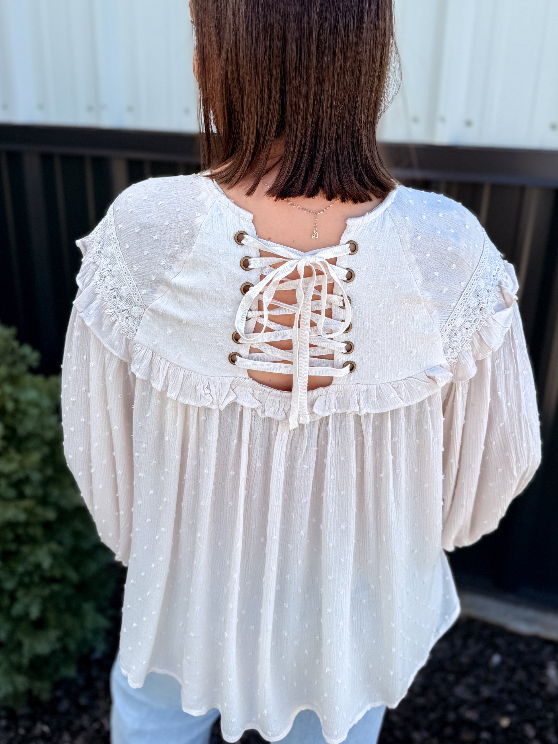 Lace-Up Back Detail Swiss Dot Patterned Blouse