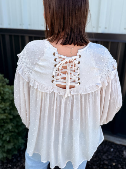 Lace-Up Back Detail Swiss Dot Patterned Blouse