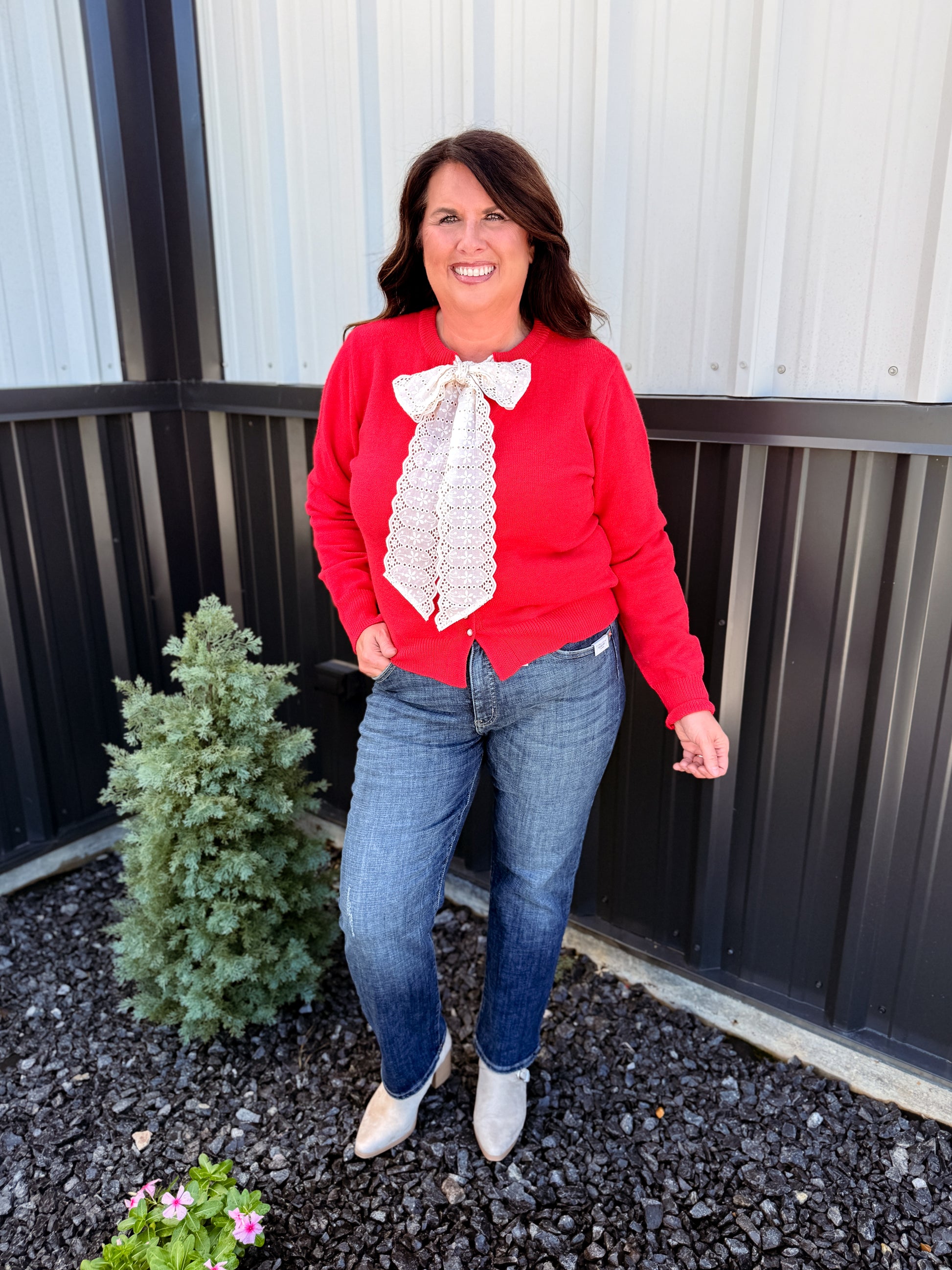 Lace Bow Embellished Accents Sweater Cardigan