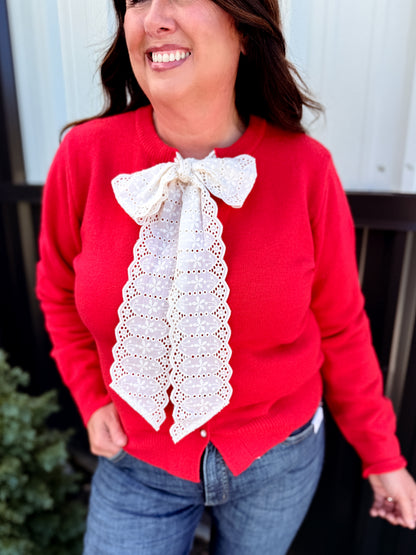 Lace Bow Embellished Accents Sweater Cardigan