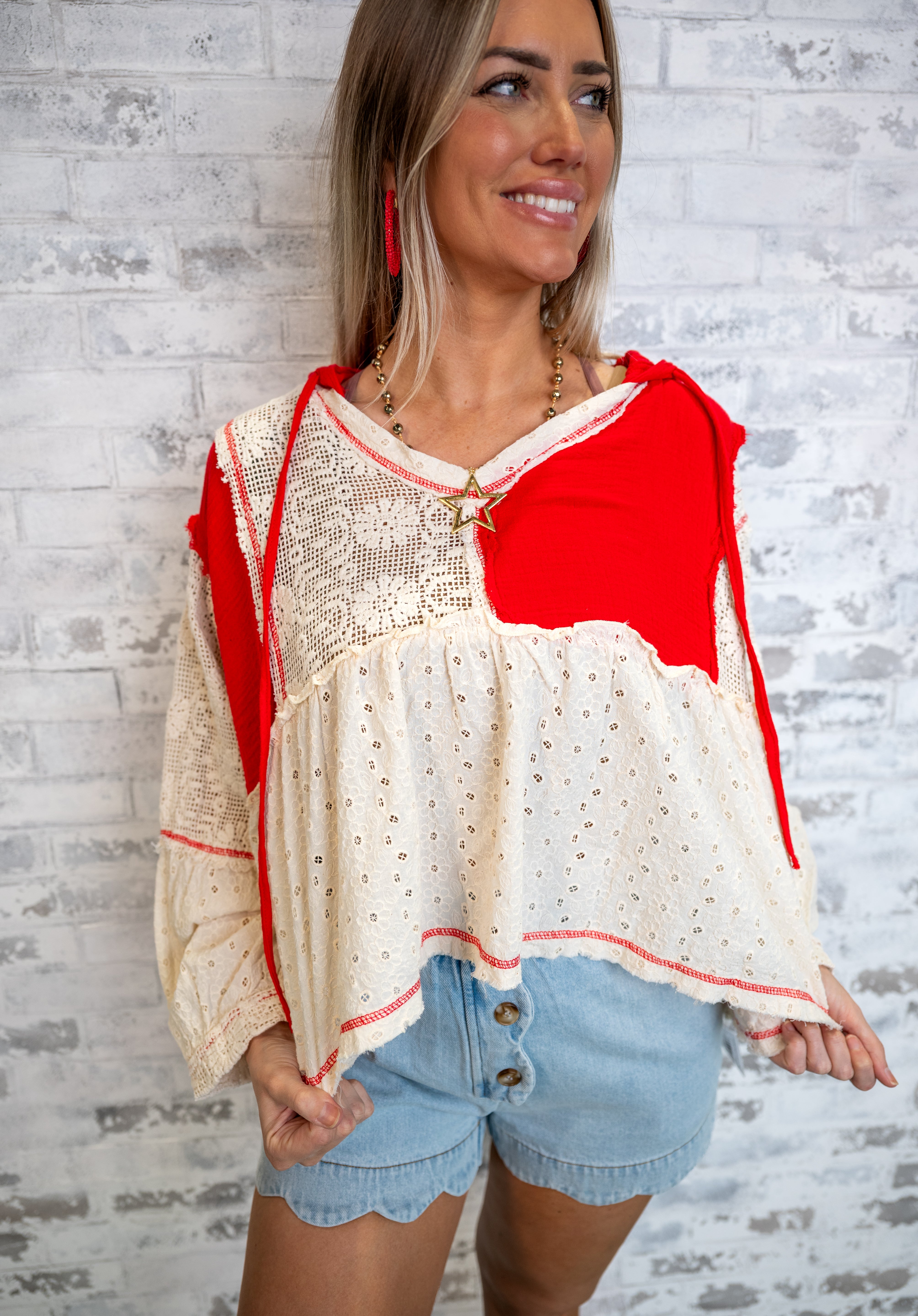 Lace Panel Peplum Hooded Top - Red