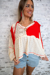 Lace Panel Peplum Hooded Top - Red