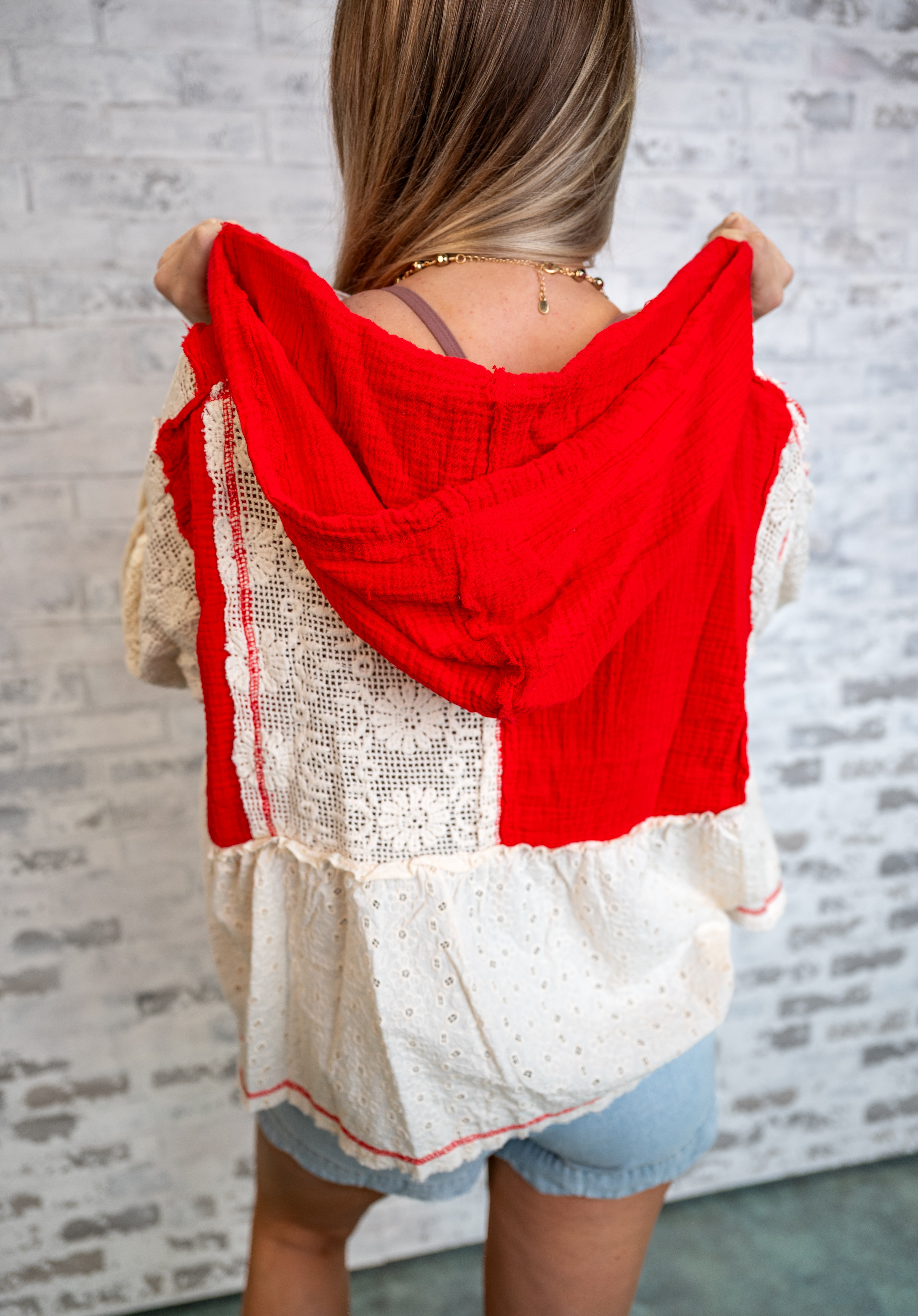 Lace Panel Peplum Hooded Top - Red