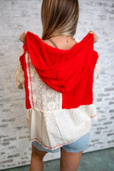 Lace Panel Peplum Hooded Top - Red