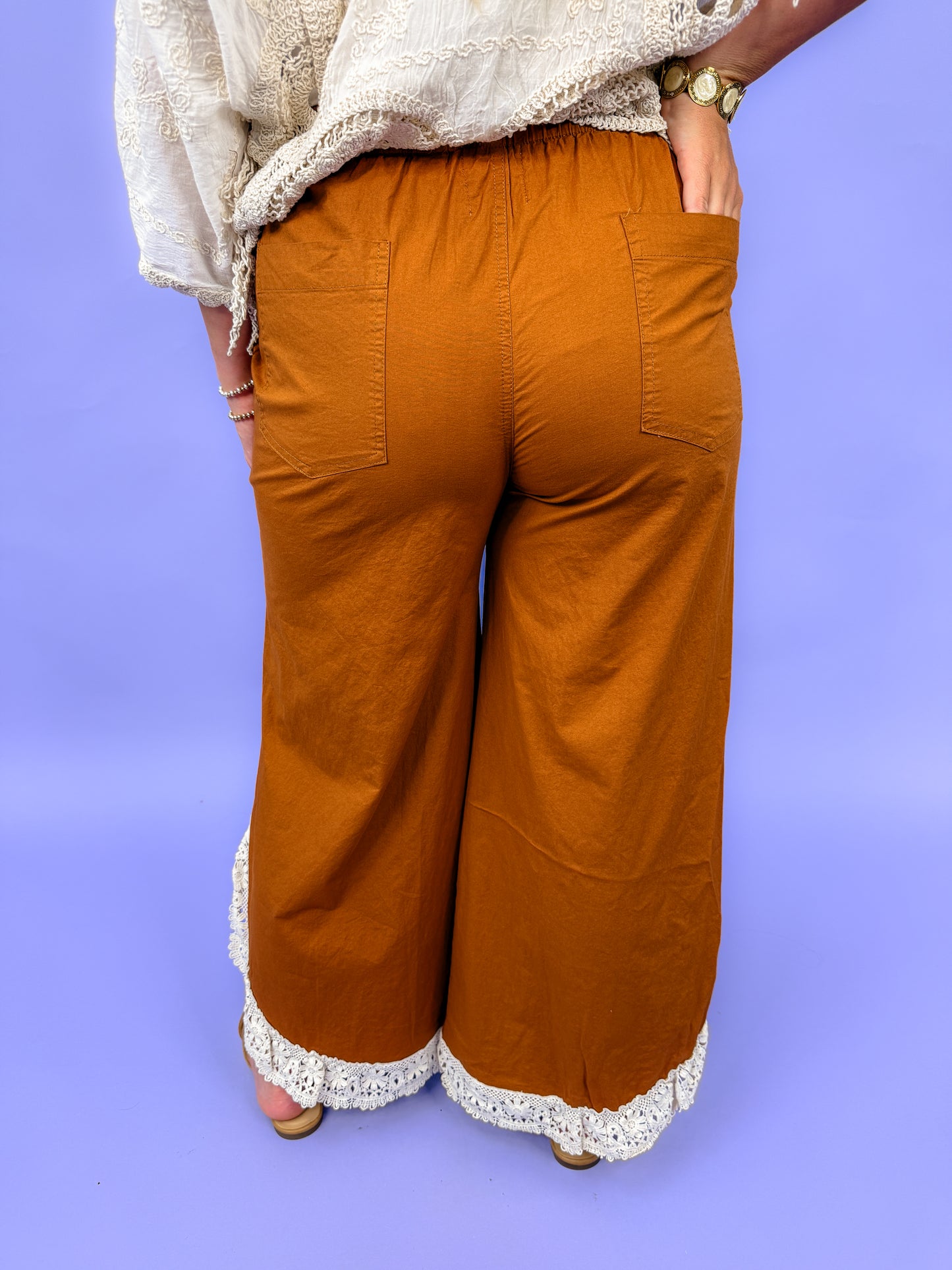 Lace Tulip Washed Denim Relaxed Fit Jean in Camel