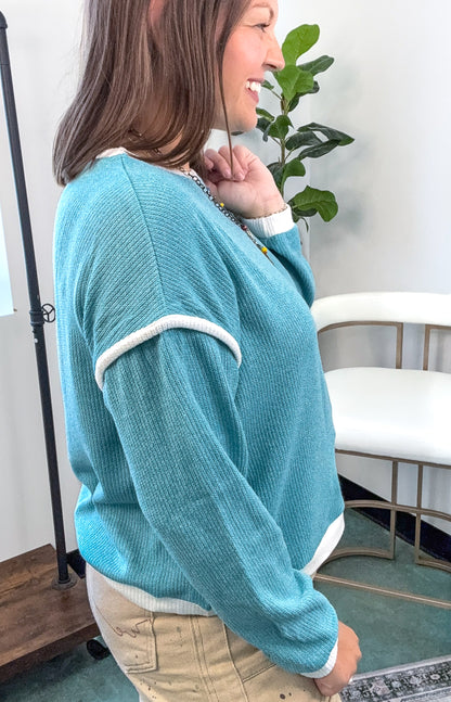 Ladies Color Block Rib Trim Round Neck Knit Sweater