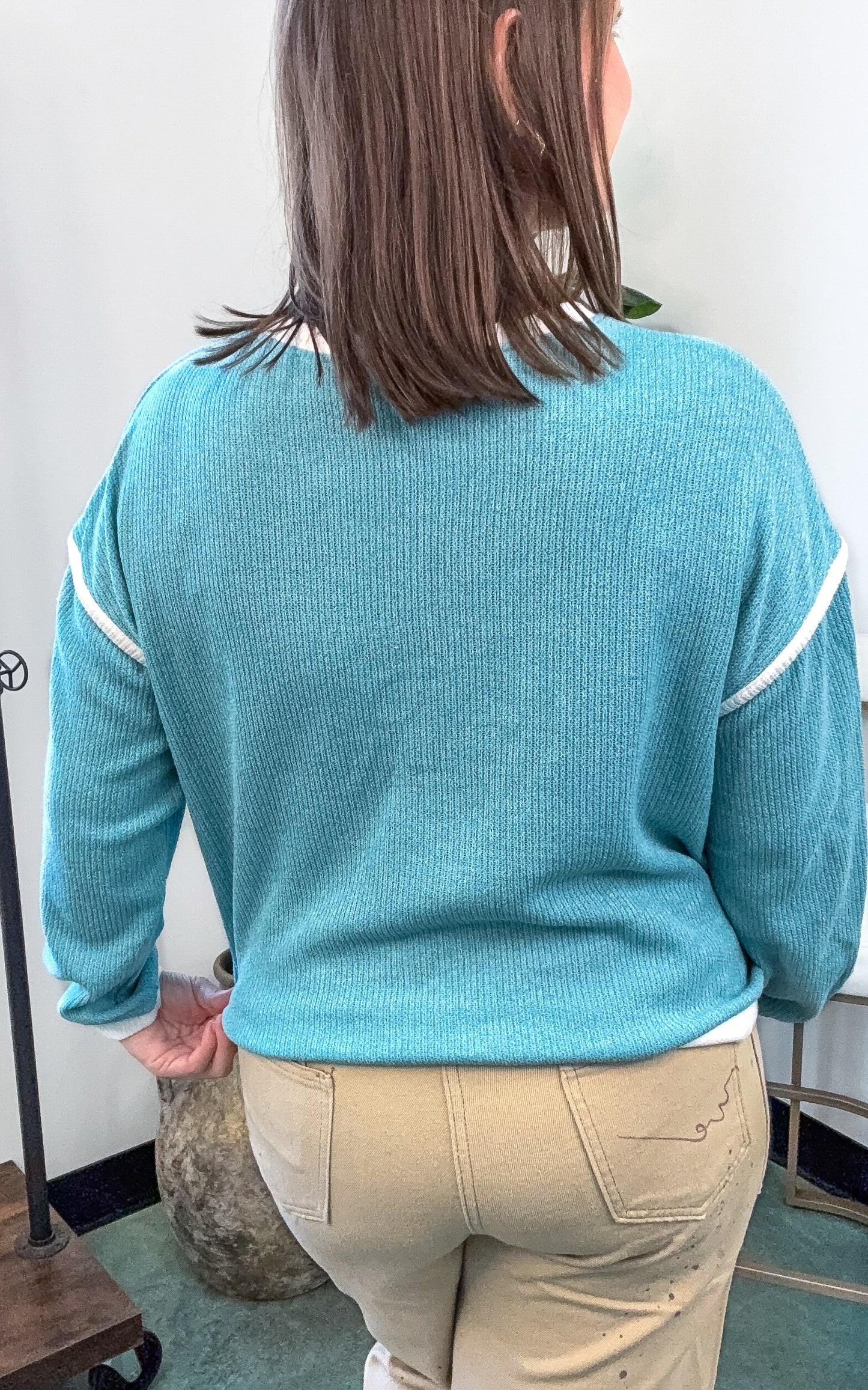 Ladies Color Block Rib Trim Round Neck Knit Sweater
