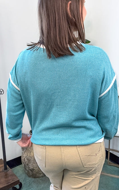 Ladies Color Block Rib Trim Round Neck Knit Sweater