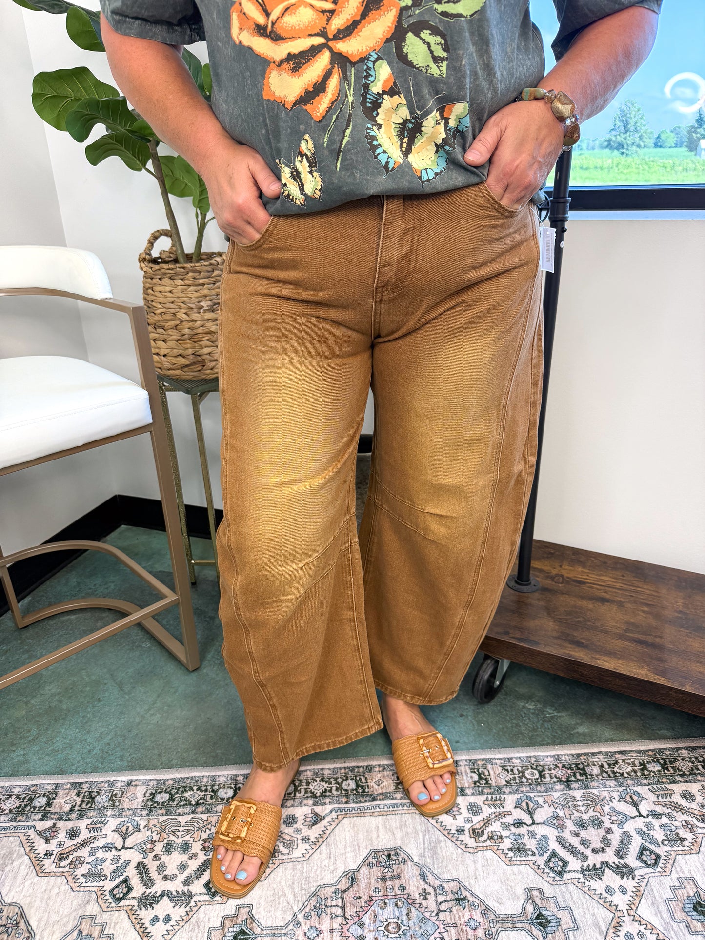 Ladies Mid Rise Wide Leg Jeans Barrel Denim Pants