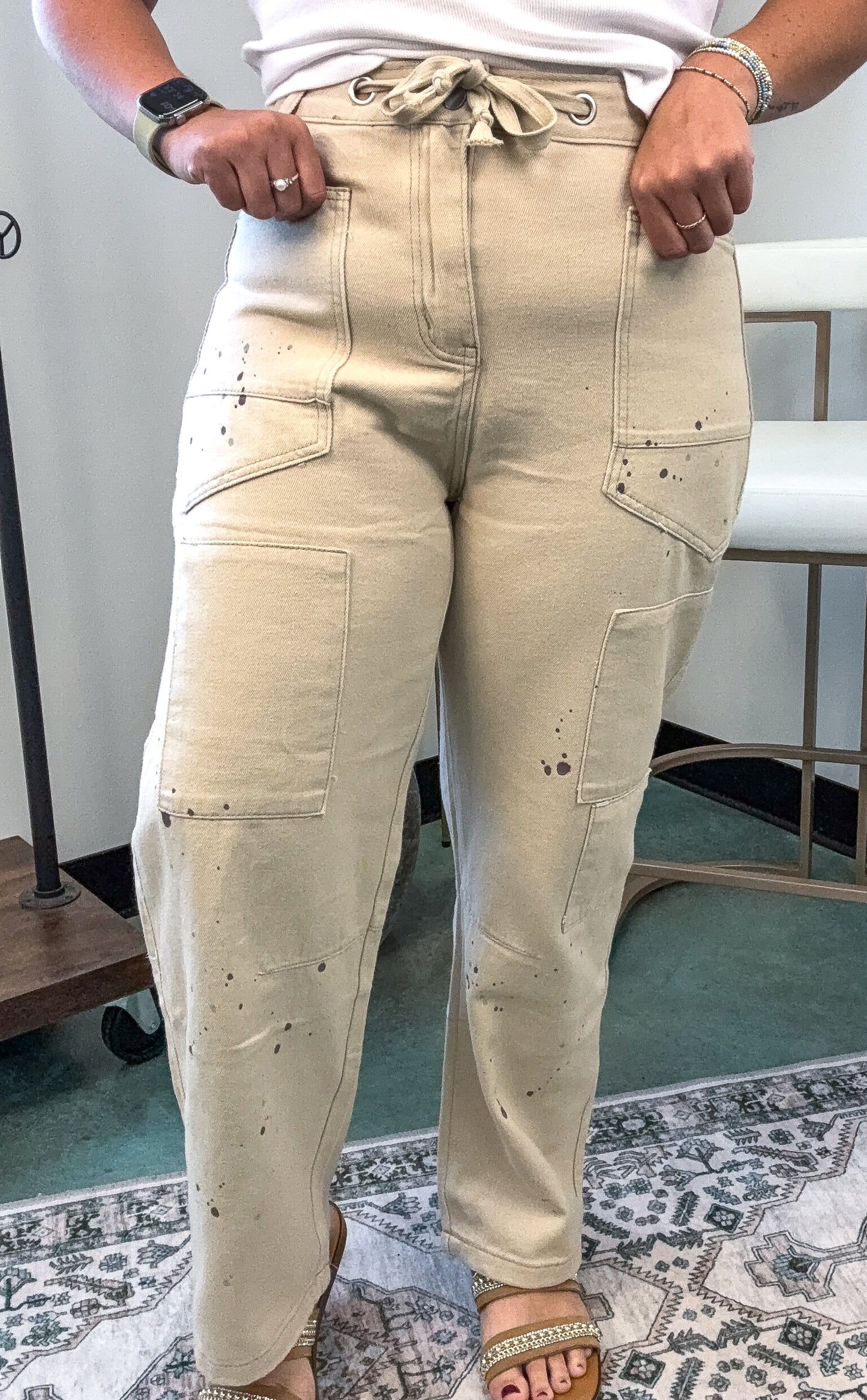 Ladies Paint Splatter Drawstring Wide Leg Denim Pants