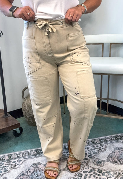Ladies Paint Splatter Drawstring Wide Leg Denim Pants