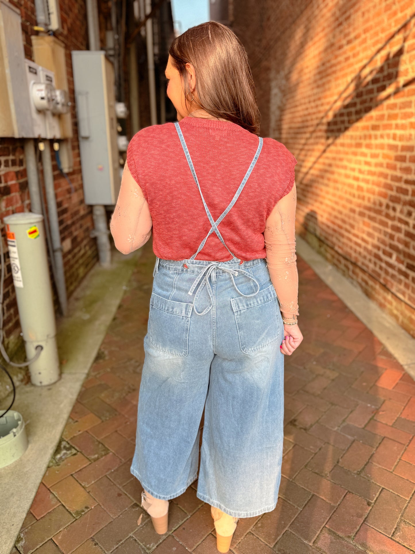 Ladies String Shoulder String Tie Wide Leg Denim Jumpsuit