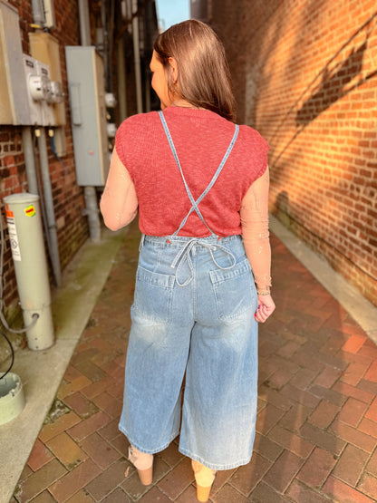 Ladies String Shoulder String Tie Wide Leg Denim Jumpsuit