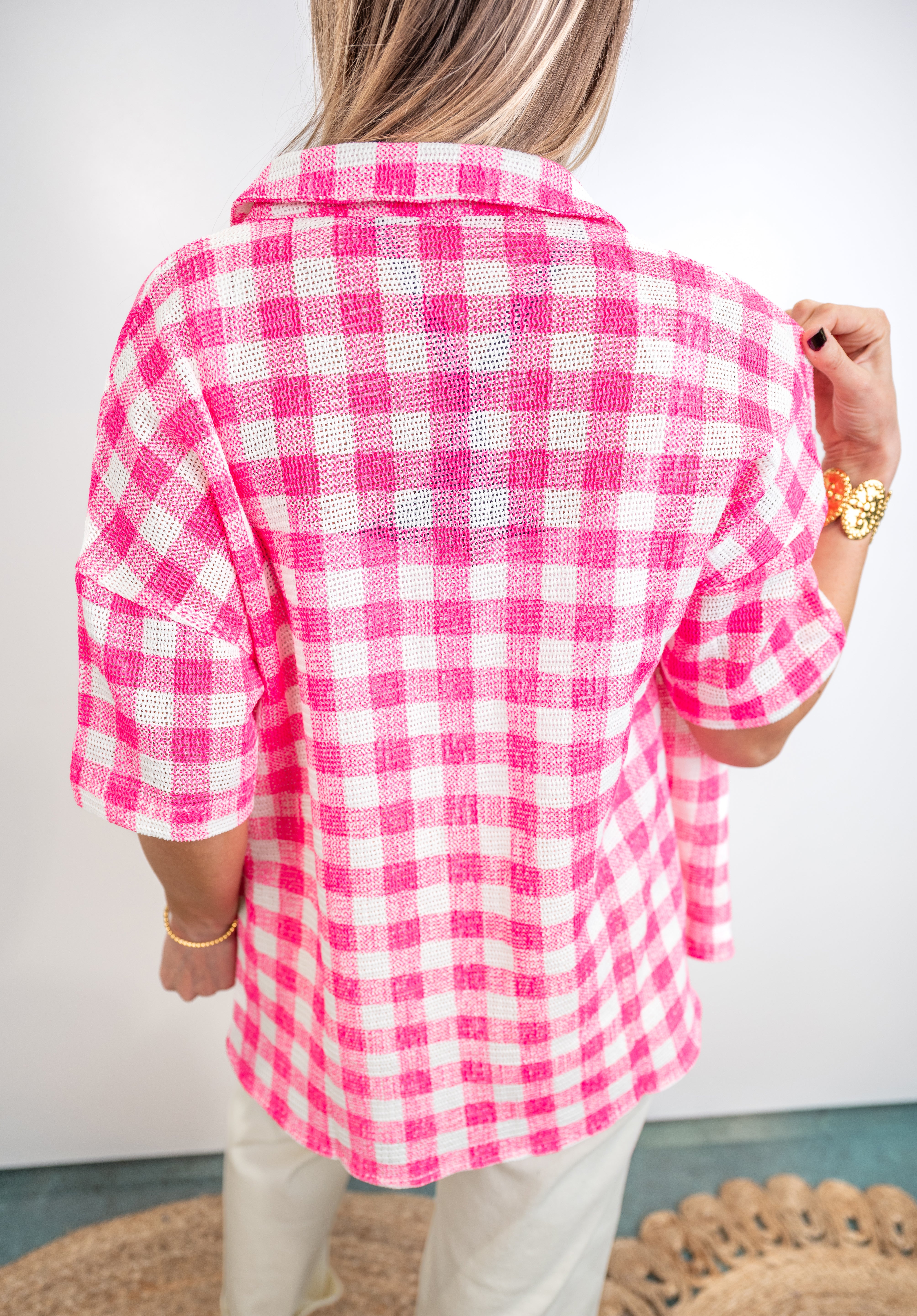 Laidback Grid Woven Top - Neon Pink