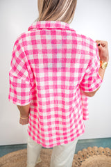 Laidback Grid Woven Top - Neon Pink