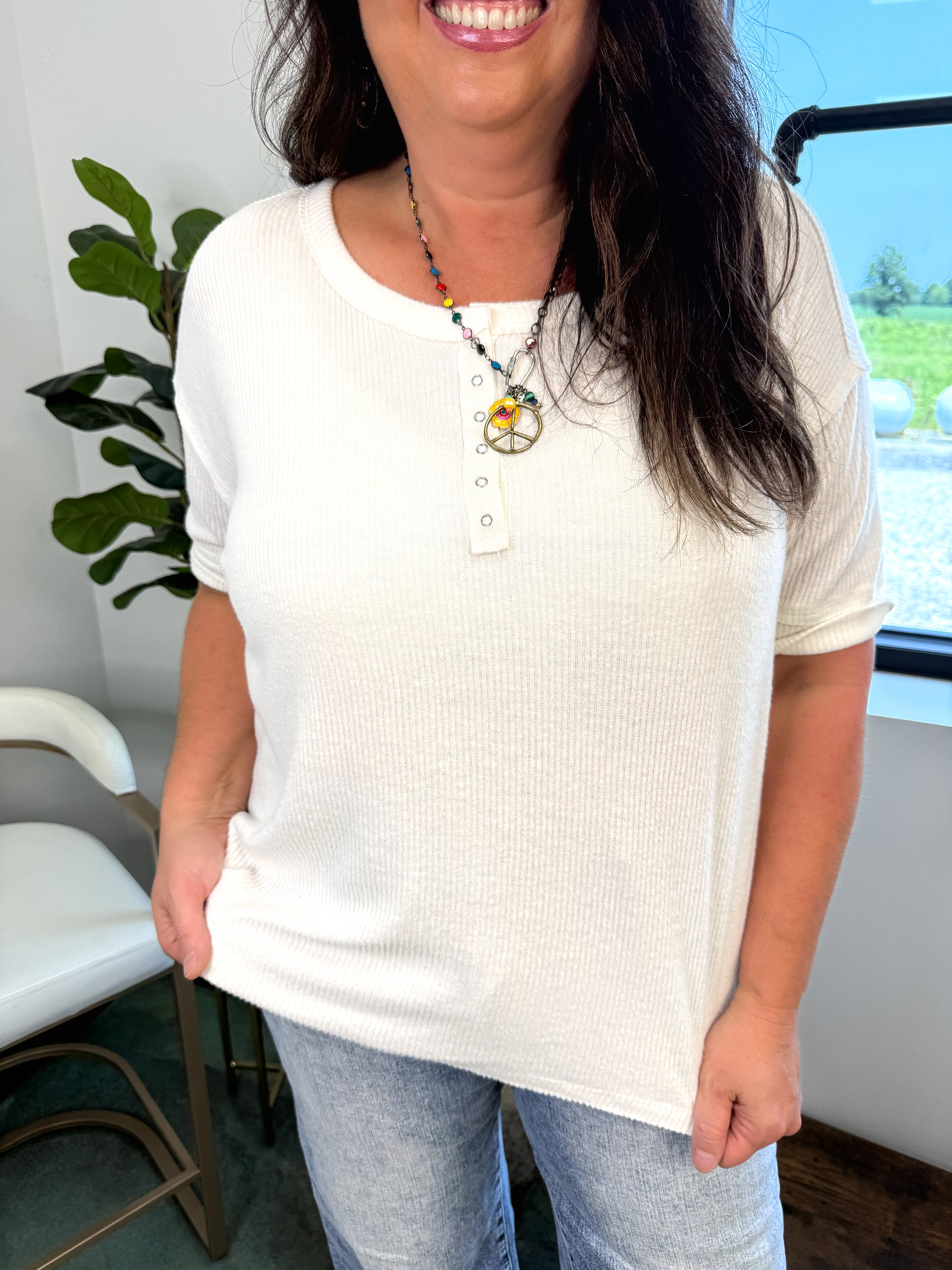 Leila Ribbed Henley Top - Ivory