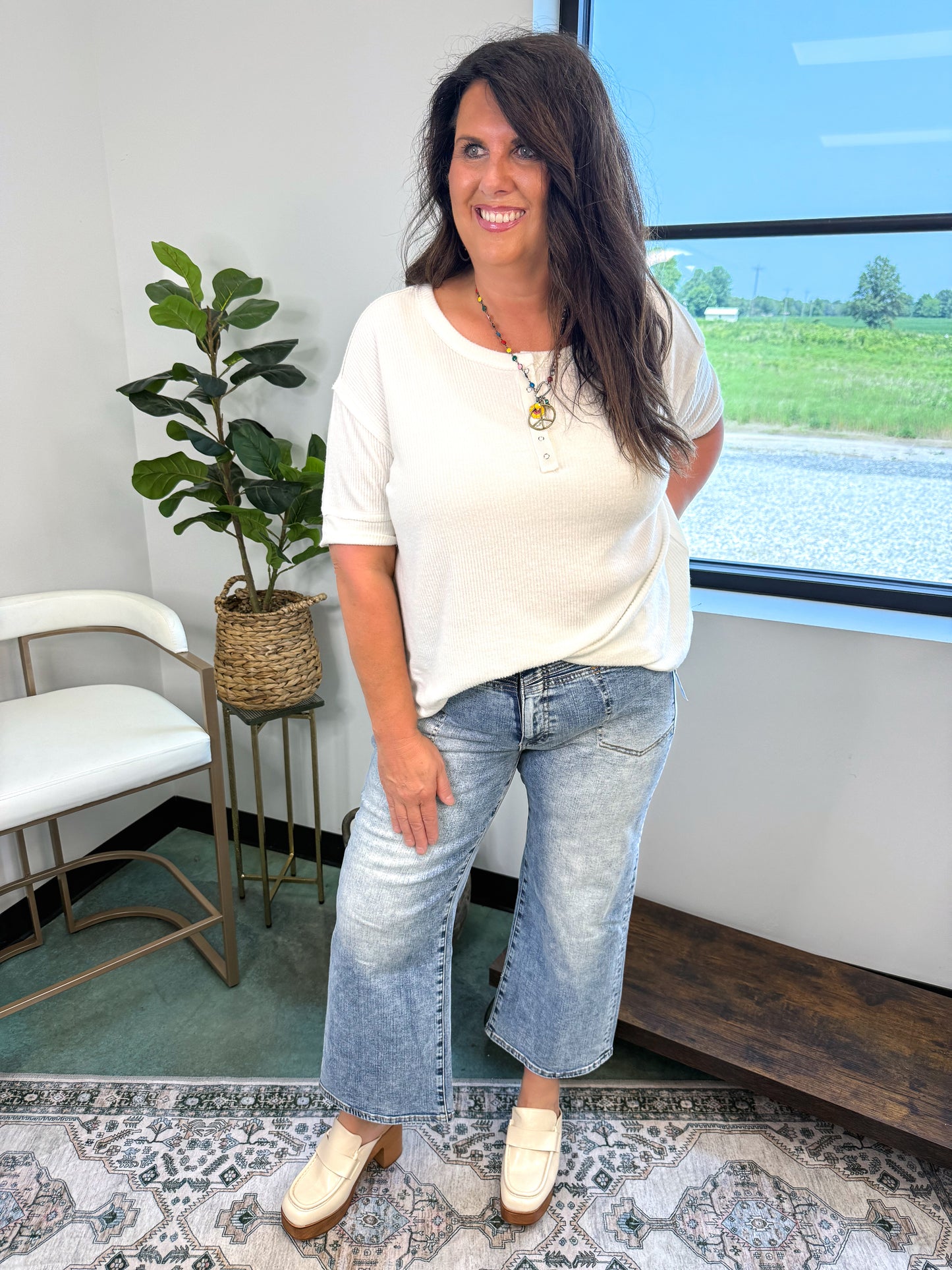 Leila Ribbed Henley Top - Ivory