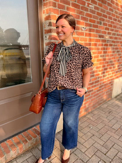 Leopard Blouse with Contrast Scarf Tie
