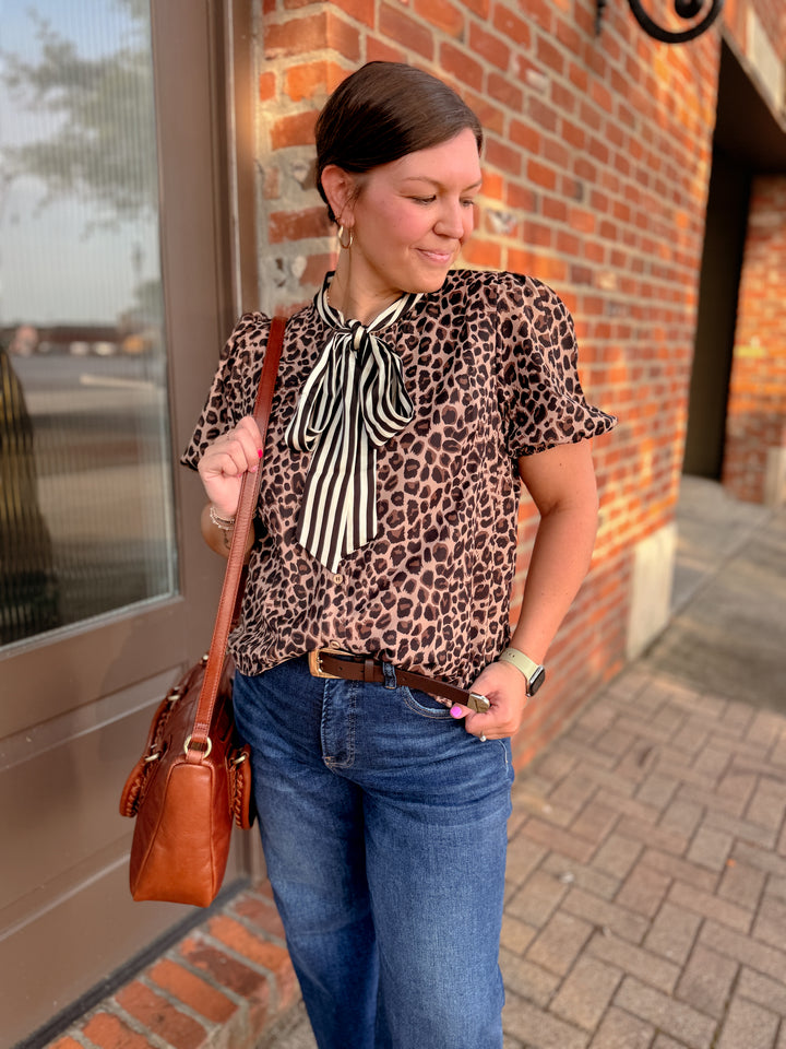 Leopard Blouse with Contrast Scarf Tie