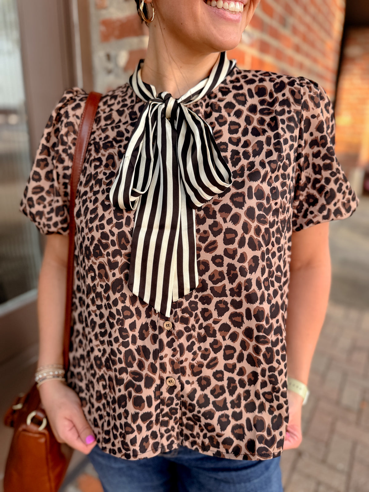 Leopard Blouse with Contrast Scarf Tie