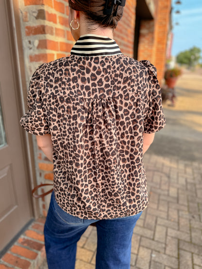 Leopard Blouse with Contrast Scarf Tie