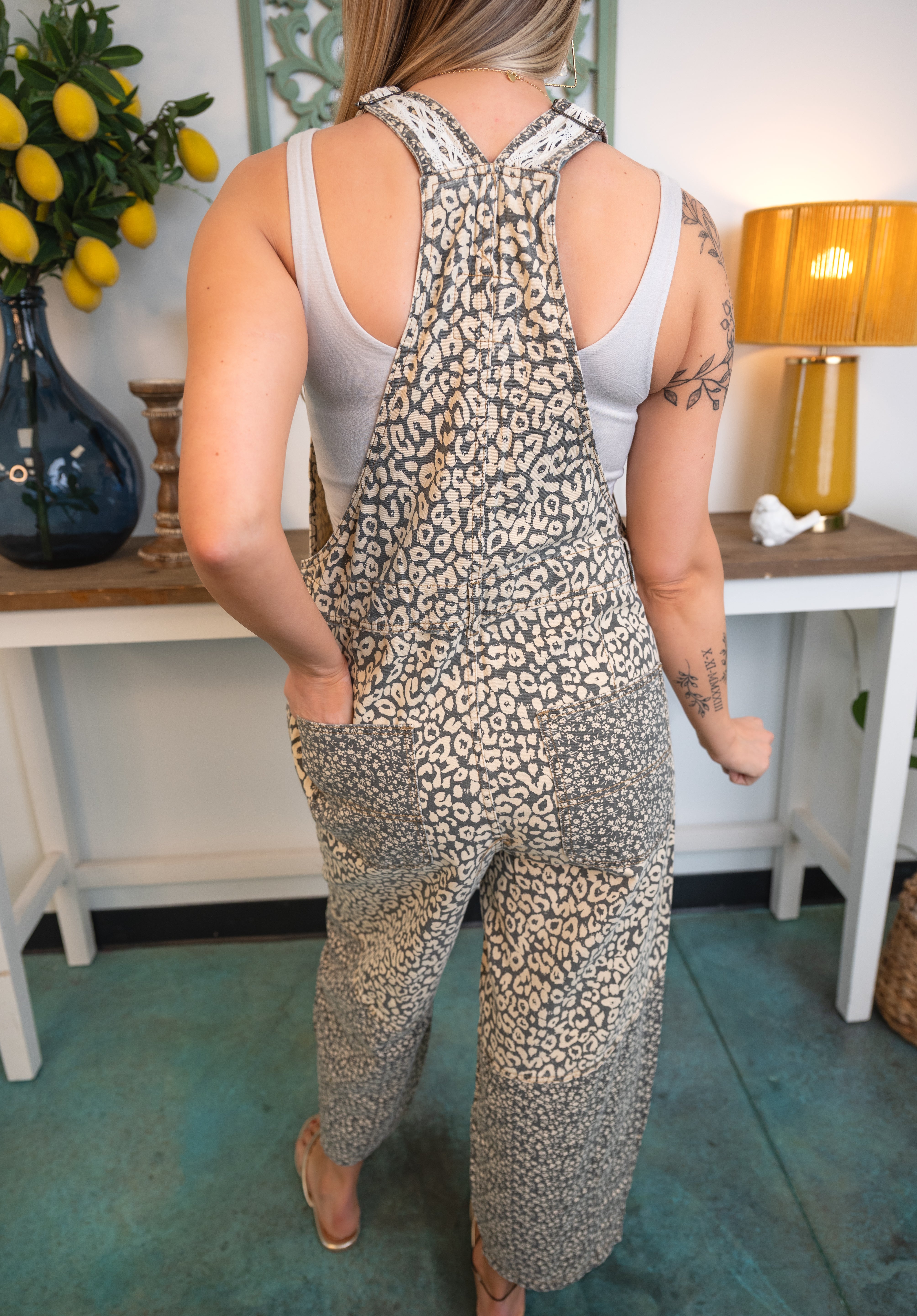 Leopard Print Washed Twill Overalls