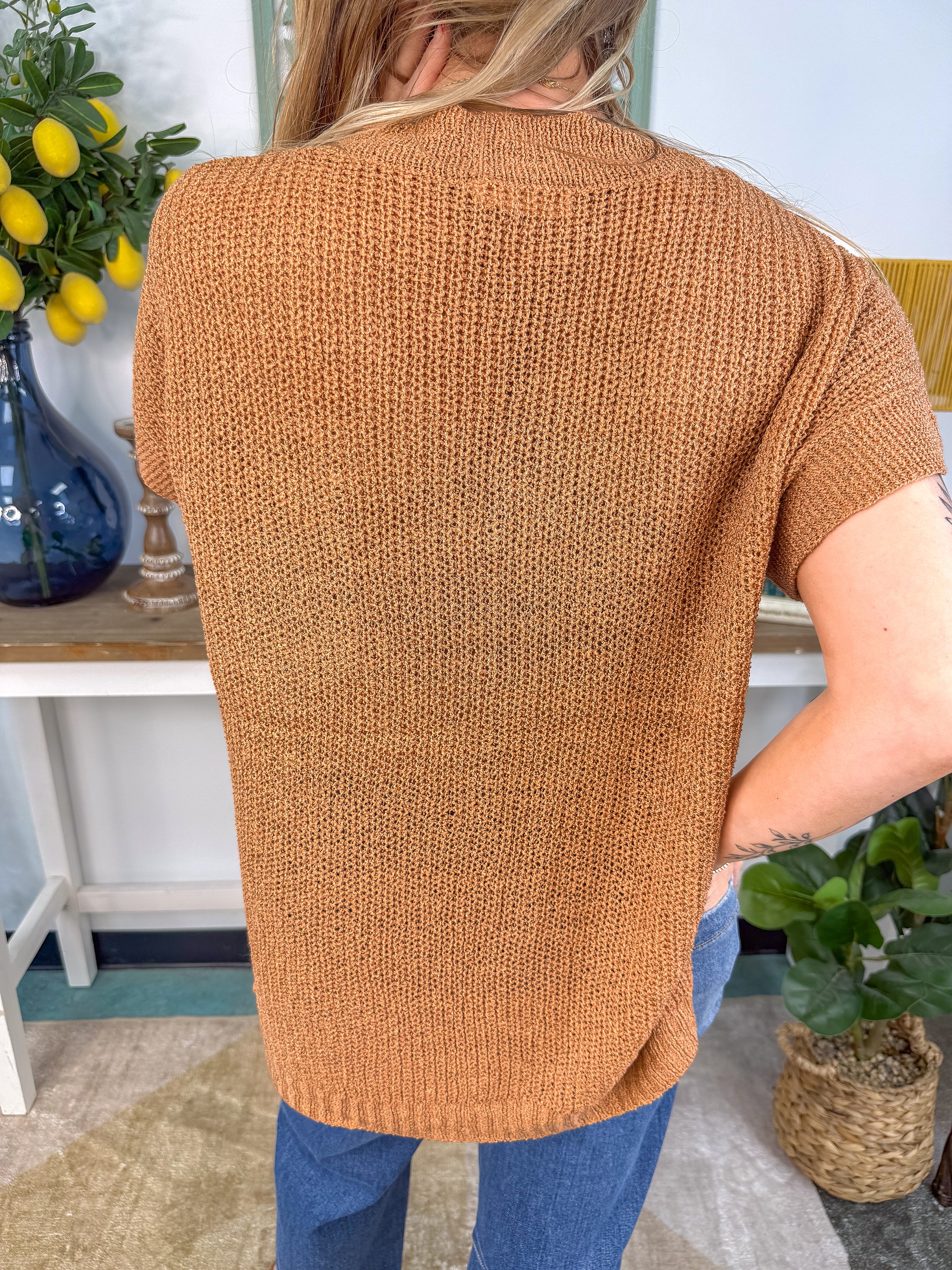 Lightweight Knit V-Neck Top - Rust