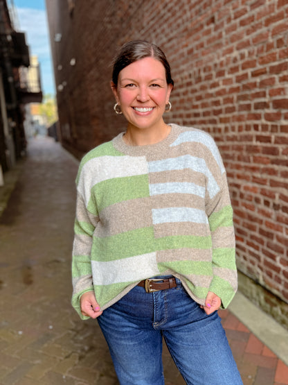 Lightweight Wool Blend Color Block Sweater