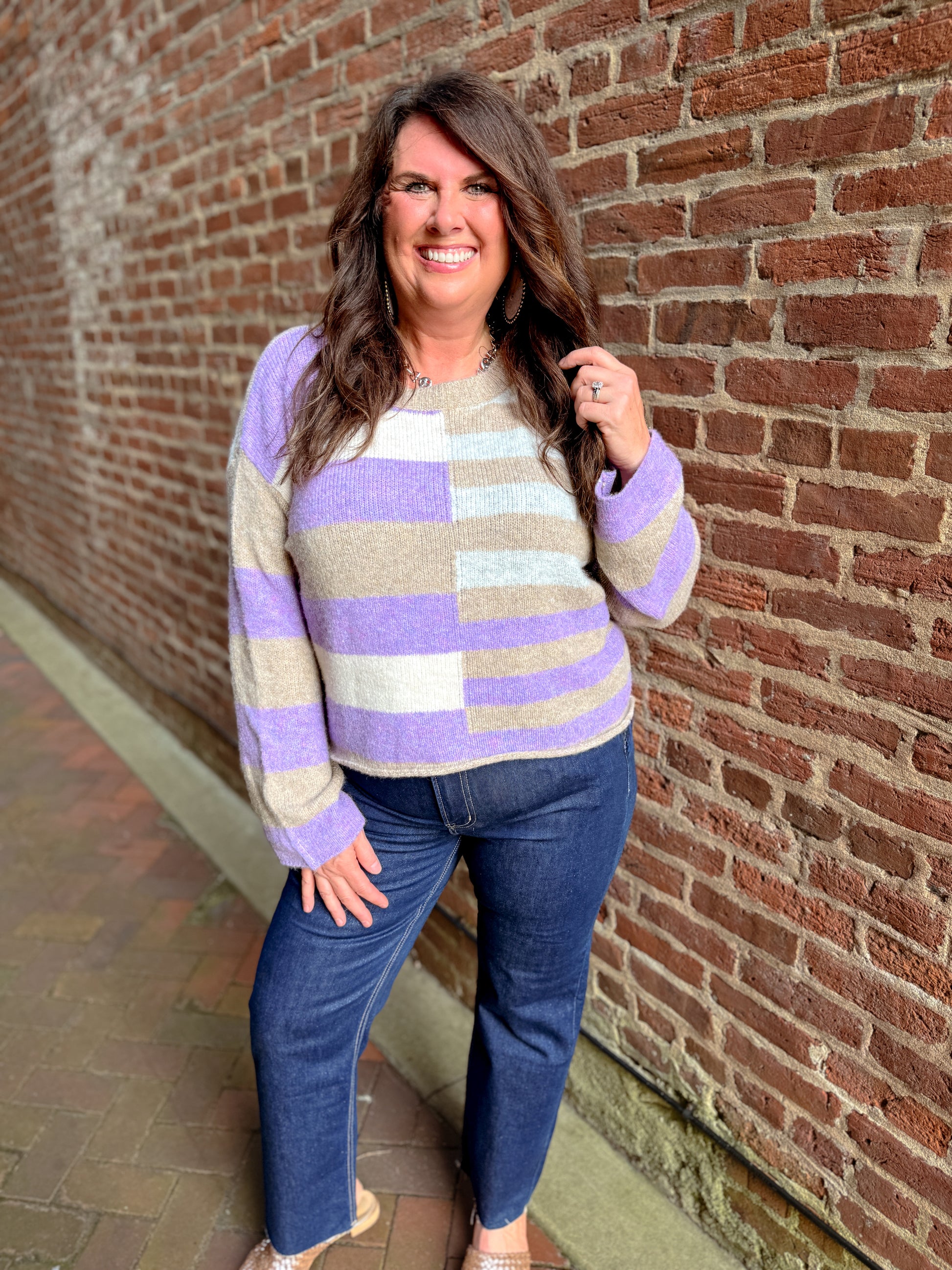 Lightweight Wool Blend Color Block Sweater