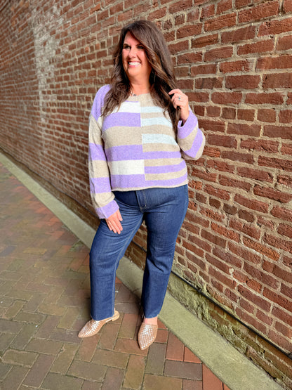 Lightweight Wool Blend Color Block Sweater