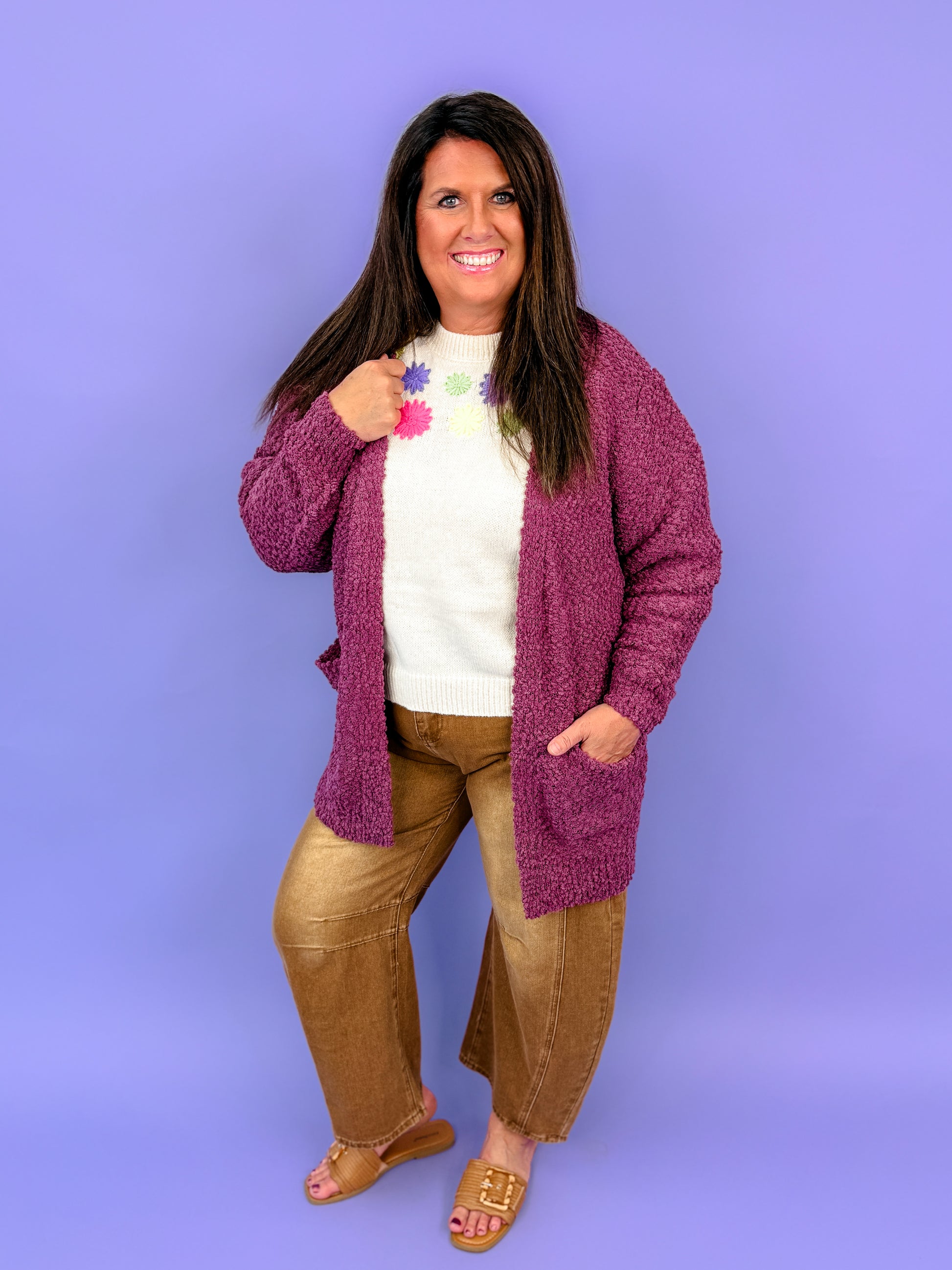 Long Sleeve Popcorn Sweater Cardigan With Pockets | DOORBUSTER