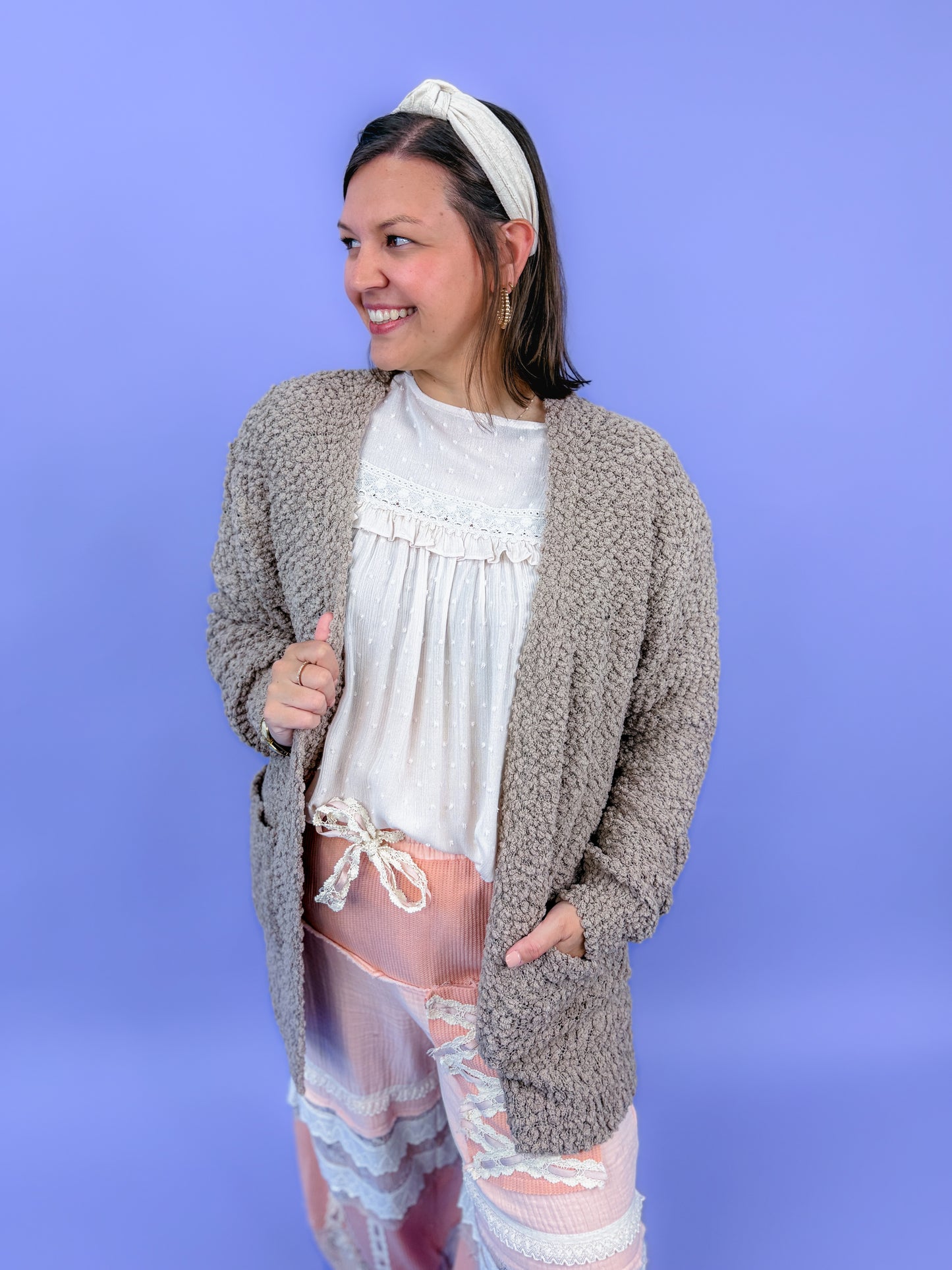 Long Sleeve Popcorn Sweater Cardigan With Pockets | DOORBUSTER
