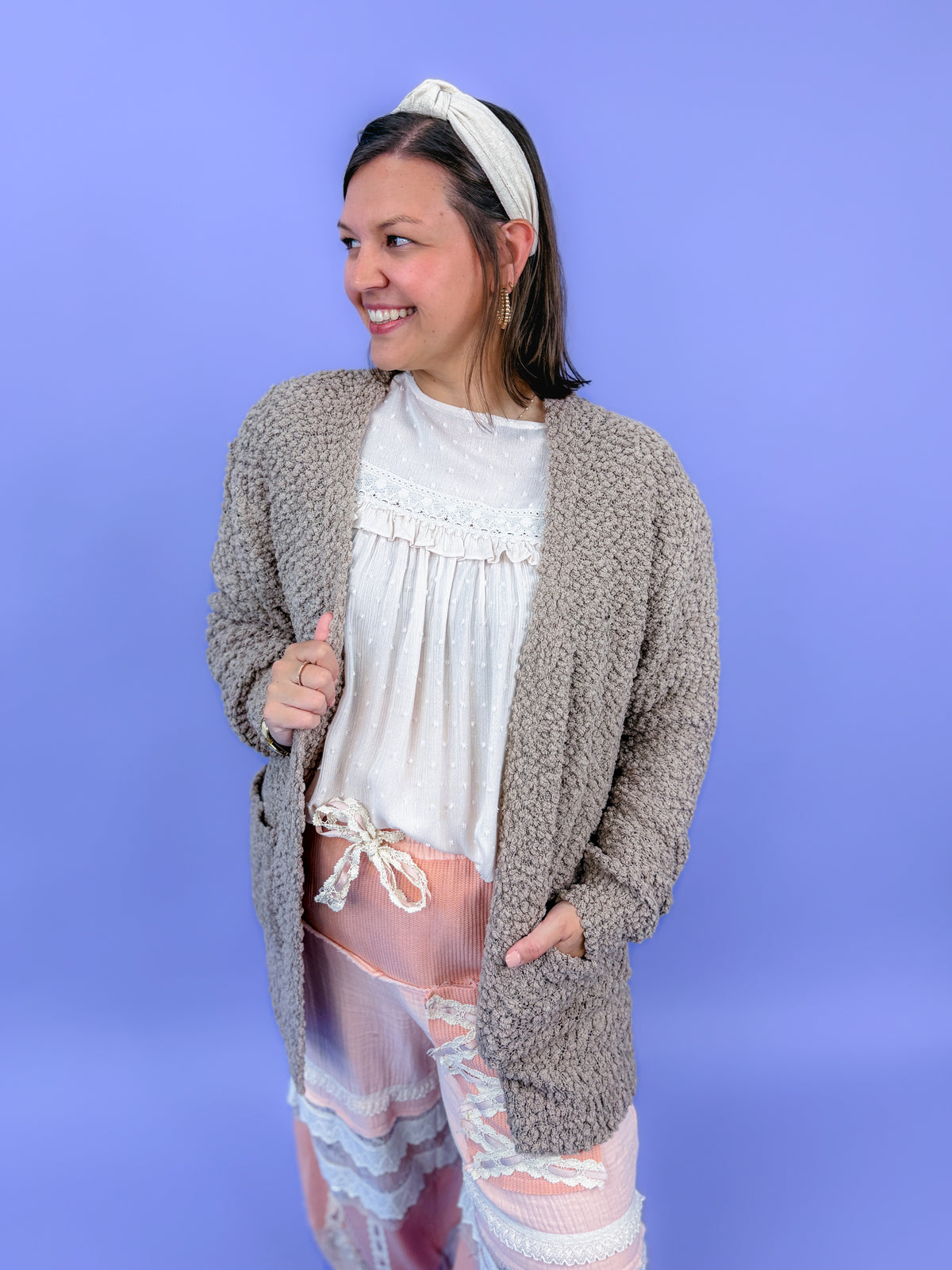 Long Sleeve Popcorn Sweater Cardigan With Pockets | DOORBUSTER
