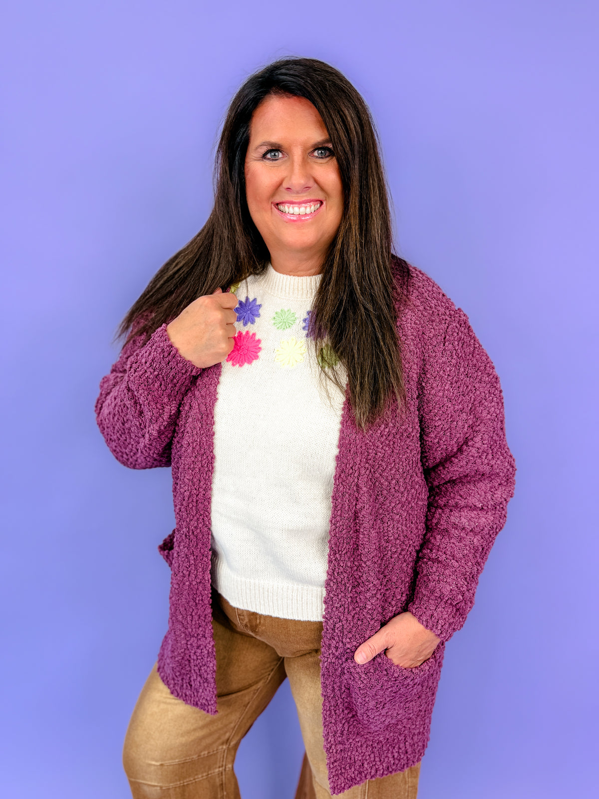 Long Sleeve Popcorn Sweater Cardigan With Pockets | DOORBUSTER